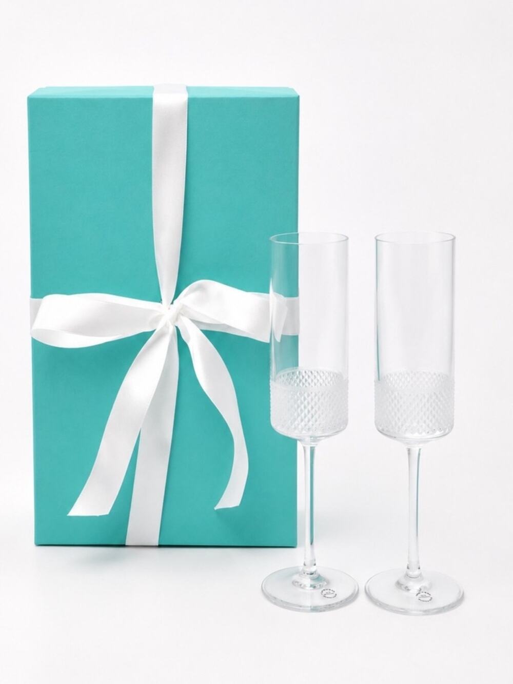 NEW Tiffany & Co. Diamond Point Crystal Champagne Glasses Flutes RARE Gift Box